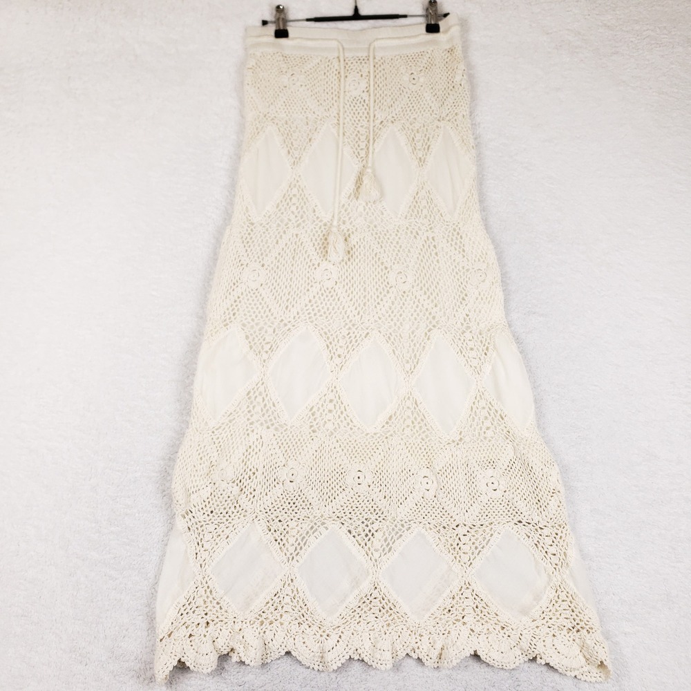 Helen Jon Cream White Crochet Cotton Maxi Skirt Diamond Knit Tassel Small